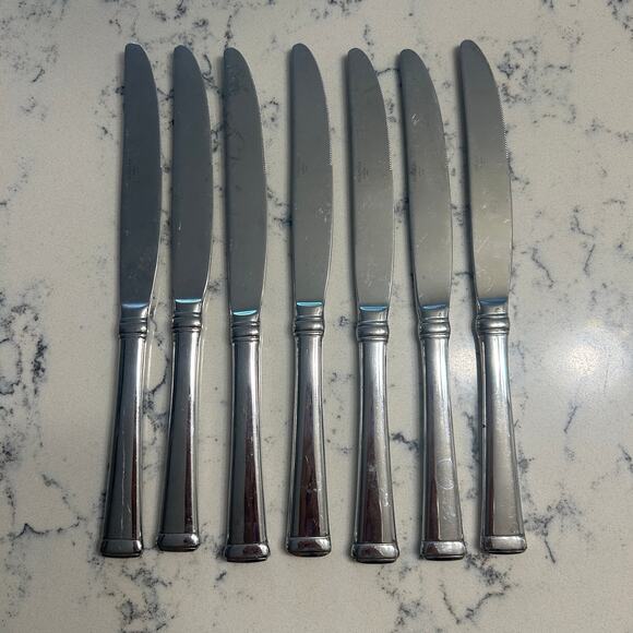 7 Modern Solid Knife Harmony Mikasa Stainless, Glossy, Bands, Flat Tip, Serrated - Picture 9 of 9